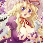  absurdres bad_id bad_pixiv_id blonde_hair blush bow breasts cleavage elbow_gloves gloves hair_bow hamoto hat highres large_breasts long_hair open_mouth solo torn_clothes touhou umbrella white_gloves yakumo_yukari 