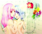  bad_id bad_pixiv_id blue_hair flower haruha_(aeropolis) hug lips multiple_girls nude original pink_hair rose showering slit_pupils sponge yuri 