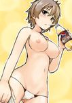  ashiga_oreta blush bottle breasts brown_eyes brown_hair drinking_straw from_below groin katou_keiko large_breasts lowleg lowleg_panties nipples panties pepsi pepsi_baobab product_placement short_hair solo sweat topless towel underwear underwear_only world_witches_series 