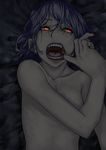  dark fangs fingernails hands highres lying mouth_pull nail_polish nude on_back on_bed open_mouth pointy_ears purple_hair red_eyes red_nails remilia_scarlet robo8 solo teeth tongue touhou 