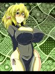  blonde_hair blush breasts china_dress chinese_clothes covered_nipples curvy dress green_eyes huge_breasts mizuhashi_parsee pointy_ears regls skindentation solo touhou wide_hips 