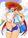  areolae bad_id bad_pixiv_id bikini bikini_bottom blue_eyes breasts cleavage cloud cooler copyright_request covered_nipples day eyebrows flag food front-tie_top hat highleg highleg_bikini highres huge_breasts large_areolae long_hair muscle nail_polish navel open_fly open_mouth popsicle red_hair see-through shirt shorts sky smile solo straw_hat sweat swimsuit tied_shirt twintails unbuttoned unzipped vrkdh wet 