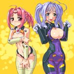  ahoge bad_id bad_pixiv_id blue_eyes blush breast_envy breasts busou_shinki cleavage cosplay costume_switch dd_(ijigendd) doll_joints eukrante ianeira large_breasts multiple_girls pink_eyes pink_hair ponytail purple_hair short_hair thighhighs twintails 