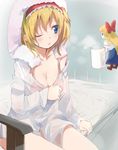  ;o alice_margatroid bad_id bad_pixiv_id blonde_hair blue_eyes bottomless bra breasts cleavage cup doll gochou_(atemonai_heya) hairband lingerie long_hair mug one_eye_closed shanghai_doll short_hair small_breasts solo touhou towel underwear wet wet_clothes 