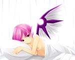  akai_ronii animal_ears bad_id bad_pixiv_id bed breasts brown_eyes looking_at_viewer lying medium_breasts mystia_lorelei naked_sheet nipples nude pillow pink_hair short_hair smile solo touhou wings yellow_eyes 