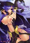  arms_up breasts cover doujinshi fatima_(luminous_arc) gloves hair_over_one_eye hat highres huge_breasts jewelry long_hair luminous_arc luminous_arc_2 nakano_sora navel nipples non-web_source purple_eyes purple_hair solo thighhighs witch witch_hat 