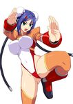  arcana_heart blue_hair bun_cover double_bun fighting_stance green_eyes leotard mei-fang navel nibai shrug_(clothing) solo thighhighs 