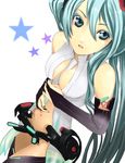  aqua_eyes aqua_hair bad_id bad_pixiv_id belt breasts cleavage colored_eyelashes elbow_gloves fingerless_gloves from_above gloves hatsune_miku hatsune_miku_(append) long_hair medium_breasts navel necktie roku_(hikokeng) solo thighhighs twintails vocaloid vocaloid_append zettai_ryouiki 