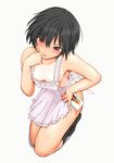  amagami apron black_hair blush brown_eyes finger_to_mouth food from_above kneeling naked_apron nanasaki_ai one-piece_tan pocky sasaki_akira_(ugc) short_hair socks solo tan tanline 