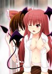  bat_wings bow breasts brown_hair crotch_rub demon_tail detached_sleeves dress_shirt hair_bow hakurei_reimu head_wings koakuma large_breasts long_hair masturbation multiple_girls navel open_clothes open_shirt panties pink_panties red_eyes red_hair sazaki_hiyoru shirt short_hair table_sex tail touhou underwear wings yuri 