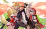  2boys 2girls animal_ears black_hair blonde_hair brown_hair closed_mouth eyes_closed father_and_daughter fire_emblem fire_emblem_if flannel_(fire_emblem_if) fox_ears fox_tail from_side fur_trim gloves grass grey_hair hood hood_up hug japanese_clothes kinu_(fire_emblem_if) long_hair long_sleeves multicolored_hair multiple_boys multiple_girls nintendo nishiki_(fire_emblem_if) open_mouth pants parted_lips red_eyes sasaki_(dkenpisss) scarf short_hair signature sitting streaked_hair tail velour_(fire_emblem_if) wolf_ears 