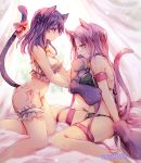  2girls animal_ears artist_name bell black_bra black_panties bow bra breasts cat_day cat_ears cat_tail commentary_request eyebrows_visible_through_hair fate/stay_night fate_(series) glasses gloves jingle_bell kemonomimi_mode kneeling long_hair looking_at_another matou_sakura medium_breasts multiple_girls panties paw_gloves paws pink_bow pink_hair purple_eyes purple_hair rider sitting tail tail_bow underwear underwear_only white_bra white_panties yokaranu_yuuna 