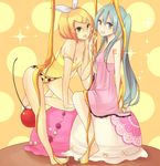  barefoot blonde_hair breasts camisole cherry cleavage food fruit green_eyes grey_eyes grey_hair grey_nails hair_ornament hair_ribbon hairclip hatsune_miku honey kagamine_rin legs long_hair multiple_girls nail_polish panties ribbon short_hair small_breasts smile sparkle strap_slip toenail_polish tongue twintails underwear very_long_hair vocaloid wadaka yellow_nails yuri 