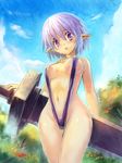  :o artemisia_(pixiv_fantasia) breasts day edobox elf huge_weapon large_breasts navel pixiv_fantasia pixiv_fantasia_2 pointy_ears purple_eyes purple_hair short_hair sky slingshot_swimsuit surprised sweat swimsuit sword thigh_gap weapon wet 