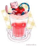  food fruit hotcoffeecat legendary_pok&eacute;mon mew milkshake nintendo pok&eacute;mon pok&eacute;mon_(species) simple_background strawberry video_games 