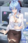  1girl ahoge aile_(crossroads) artist_name bangs black_bra black_skirt black_thighhighs blue_hair blush bra breasts cleavage computer cowboy_shot ganyu_(genshin_impact) garter_belt genshin_impact highres horns id_card indoors long_hair looking_at_viewer medium_breasts nose_blush office office_lady paid_reward_available partially_unbuttoned pencil_skirt purple_eyes shirt sidelocks skirt solo standing thighhighs underwear white_shirt 