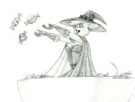  2022 anthro baron_engel belt breasts candy cloak clothing dessert female food gloves graphite_(artwork) handwear hat headgear headwear mammal monochrome mouse murid murine open_mouth pencil_(artwork) petina_demouse rodent solo tossing traditional_media_(artwork) witch_hat 