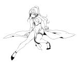  1girl bare_shoulders breasts china_dress chinese_clothes cleavage cleavage_cutout closed_mouth clothing_cutout dress fighting_stance greyscale high_heels long_hair monochrome original pelvic_curtain ponytail shoes simple_background siun solo white_background 