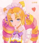  1girl bangs blonde_hair bow bowtie cafe_cuties_(league_of_legends) cafe_cuties_gwen cone_hair_bun drill_hair green_eyes gwen_(league_of_legends) hair_bun heart highres league_of_legends long_hair long_sleeves looking_at_viewer maid_headdress multicolored_hair open_mouth parted_bangs pink_bow pink_bowtie pink_hair portrait shenxi_cecy simple_background solo teeth twin_drills twintails two-tone_hair upper_teeth 