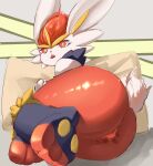  absurd_res anthro big_butt butt cinderace female generation_8_pokemon genitals hi_res looking_at_viewer lying nintendo open_mouth pokemon pokemon_(species) pussy red_body red_eyes solo spread_pussy spreading thick_thighs video_games white_body wlllll 