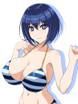  1girl abu arms_up bangs bare_arms bare_shoulders bikini blue_bikini blue_eyes blue_hair bob_cut breasts cleavage closed_mouth commentary_request covered_nipples dolphin_wave drop_shadow fingernails hair_between_eyes halterneck highres large_breasts looking_at_viewer navel short_hair simple_background smile solo standing stomach striped striped_bikini swimsuit tojou_michiru upper_body w_arms white_background 