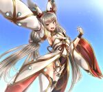  1girl animal_ears bangs blunt_bangs breasts cat_ears chest_jewel cleavage detached_sleeves facial_mark grey_hair highleg highleg_leotard highres leotard long_hair low_twintails nia_(blade)_(xenoblade) nia_(xenoblade) short_hair small_breasts solo thighhighs to_(tototo_tk) twintails very_long_hair xenoblade_chronicles_(series) xenoblade_chronicles_2 yellow_eyes 