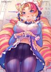  1girl :d artist_name ass_visible_through_thighs bangs blonde_hair blue_eyes blush bow breasts cafe_cuties_(league_of_legends) cafe_cuties_gwen cameltoe clothes_lift cone_hair_bun darklux dress dress_lift drill_hair gwen_(league_of_legends) hair_bow hair_bun highres large_breasts league_of_legends long_hair long_sleeves looking_at_viewer maid_headdress multicolored_hair navel open_mouth pantyhose parted_bangs pink_hair shiny shiny_hair smile striped striped_pantyhose twin_drills twintails two-tone_hair 