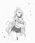  1girl animal_ears bear_ears breasts cleavage cropped_legs denim denim_shorts earrings greyscale head_tilt indie_virtual_youtuber jewelry large_breasts long_hair looking_at_viewer midriff monochrome navel niamocha open_mouth parted_lips scrunchie short_shorts shorts simple_background siun solo very_long_hair white_background wrist_scrunchie 