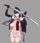  1girl black_gloves breasts fundoshi gloves grey_background hime_cut holding holding_sword holding_weapon japanese_clothes large_breasts long_hair looking_at_viewer navel original ponytail q_(ed69) simple_background solo sword tagme thighhighs weapon yellow_eyes 