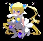  1girl absurdres akuukan_koneru bangs blonde_hair blue_eyes boots dress full_body gloves gravity_beyond hair_ornament highres hyperspace long_hair multiple_tails sitting solo symbol-shaped_pupils tail twintails two_side_up very_long_hair white_dress white_gloves 