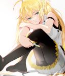  1girl ahoge artoria_caster_(fate) artoria_caster_(first_ascension)_(fate) artoria_pendragon_(fate) bangs black_pantyhose blonde_hair breasts closed_eyes fate/grand_order fate_(series) green_eyes highres iris_(tb33064667) looking_at_viewer pantyhose shiny sitting skirt small_breasts solo twintails vest white_background white_skirt white_vest 