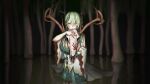  1girl absurdres animal_skull antlers braid branch ceres_fauna green_hair hair_ornament hand_print highres holding hololive hololive_english long_hair looking_at_viewer nature outdoors partially_submerged skull solo tree virtual_youtuber wetland yellow_eyes zenya 