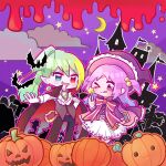  2girls alina_gray aqua_eyes bangs blood blunt_ends blush chibi fangs green_hair hair_between_eyes hair_bobbles hair_ornament halloween halloween_costume hat highres jack-o&#039;-lantern long_hair looking_at_viewer magia_record:_mahou_shoujo_madoka_magica_gaiden mahou_shoujo_madoka_magica medium_hair miniskirt misono_karin multicolored_eyes multicolored_hair multiple_girls one_eye_closed open_mouth parted_bangs parted_hair pink_ribbon pleated_skirt pointy_ears print_skirt pumpkin purple_eyes purple_hair red_eyes ribbon sidelocks skirt smile star_(symbol) star_print straight_hair streaked_hair takenoko_mgrc two_side_up very_long_hair white_skirt witch_hat 