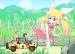  1girl 3boys azuchimomoyama_kurumi black_hair blonde_hair blue_eyes bow brown_hair car fence giant giantess glasses gloves ground_vehicle hair_bow haku_le jeep_wrangler jurassic_park motor_vehicle multicolored_hair multiple_boys palm_tree parody pink_hair pink_skirt prima_pink satou_shigeru seizei_ganbare!_mahou_shoujo_kurumi skirt sports_utility_vehicle suzuki_kiyoshi sweater_vest takashi_isamu tree twintails two-tone_hair white_gloves 