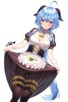  1girl :d ahoge aile_(crossroads) alternate_costume apron bangs bell blue_hair blush bow breasts brown_dress brown_pantyhose cleavage clothes_lift commentary_request dress dress_bow feet_out_of_frame flower frilled_apron frills ganyu_(genshin_impact) genshin_impact groin hair_between_eyes highres horns lifted_by_self long_hair looking_at_viewer low_ponytail maid medium_breasts neck_bell pantyhose ponytail puffy_short_sleeves puffy_sleeves purple_eyes qingxin_flower short_sleeves signature simple_background skirt skirt_hold skirt_lift smile solo standing thighlet thighs very_long_hair waist_apron white_apron white_background white_flower wrist_cuffs 
