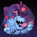  :o @_@ closed_mouth commentary fire flame glowing glowing_eyes gourgeist greavard halloween highres litwick lower_teeth mlarty_art no_humans open_mouth pokemon pokemon_(creature) pumpkaboo red_eyes red_fire smile teeth tombstone 