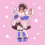 1boy alien clothes_lift commentary_request crossdressing decepticon maid maid_headdress male_focus mecha no_humans pink_background red_eyes robot science_fiction shikida_2ss skirt skirt_lift solo star_(symbol) starscream transformers 