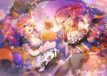  2girls animal_ears apple_caramel blue_eyes breasts candy cleavage elizabeth_bathory_(fate) elizabeth_bathory_(fate/extra_ccc) english_text fate/grand_order fate_(series) food fox_ears frills fujimaru_ritsuka_(female) halloween halloween_costume highres holding holding_candy holding_food holding_lollipop large_breasts learning_with_manga!_fgo lollipop looking_at_viewer maid_headdress multiple_girls open_mouth pink_hair pointy_ears smile swirl_lollipop tamamo_(fate) tamamo_cat_(fate) trick_or_treat yellow_eyes 