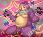  anthro belly bird_dog candy canid canine canis clothing cu_sith_(tas) dessert domestic_dog food fur golden_retriever guadr halloween hi_res holidays hunting_dog lifewonders male mammal moobs navel nipples one_eye_closed onesie overweight pawpads retriever scarf solo tokyo_afterschool_summoners video_games wink yellow_body yellow_fur 
