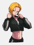  1girl alternate_costume android_18 black_jacket blonde_hair blue_eyes dragon_ball dragon_ball_z grey_background jacket kemachiku long_sleeves looking_at_viewer midriff navel short_hair simple_background solo 