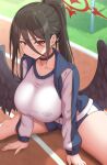  1girl black_choker black_hair blue_archive blue_shorts breasts choker gym_uniform hair_between_eyes halo hasumi_(blue_archive) hasumi_(gym_uniform)_(blue_archive) highres jacket large_breasts long_hair looking_at_viewer mole mole_under_eye open_clothes open_jacket outdoors parted_lips ponytail red_eyes shirt short_shorts shorts sidelocks sitting solo spread_legs thighs track_jacket very_long_hair white_shirt wings yasojima_nejiro 
