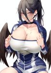  1girl :o absurdres black_choker black_hair black_wings blue_archive blue_background blush breasts choker cleavage collarbone commentary_request hair_between_eyes hasumi_(blue_archive) hasumi_(gym_uniform)_(blue_archive) highres huge_breasts jacket long_hair looking_at_viewer namazu_(yamasonson) ponytail red_eyes simple_background sitting solo sweat thighs track_jacket wings zipper 