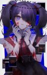  1girl absurdres ame-chan_(needy_girl_overdose) bangs black_dress black_hair black_ribbon blood blood_on_clothes blood_on_face blue_background bow commentary cuffs dress hair_ornament hair_over_one_eye handcuffs hands_up highres looking_at_viewer neck_ribbon needy_girl_overdose parted_lips red_bow red_shirt ribbon shirt skirt solo suspenders symbol-only_commentary teeth translation_request twintails white_background wny_(wnys_art) x_hair_ornament 