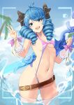  1girl :d absurdres ahoge alternate_costume bangs bare_shoulders beach bikini black_bow blue_hair bow breasts cowboy_shot day drill_hair green_eyes groin gwen_(league_of_legends) hair_bow hair_ornament hand_up highres holding holding_scissors holding_weapon league_of_legends long_hair medium_breasts navel open_mouth outdoors oversized_object pink_bikini recording revival scissors smile solo swimsuit teeth twin_drills twintails upper_teeth v water weapon x_hair_ornament 