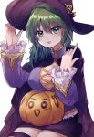  1girl alternate_costume asymmetrical_hair breasts cape cleavage covered_nipples frills green_eyes green_hair halloween_bucket hat highres jack-o&#039;-lantern open_mouth pumpkin purple_headwear shiki_eiki solo touhou unime_seaflower witch_hat 