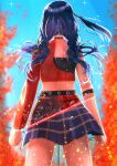  1girl absurdres black_hair blue_sky clenched_hands commentary dive!_(love_live!) fire from_behind highres jacket kusunoki_tomori long_hair love_live! love_live!_nijigasaki_high_school_idol_club miniskirt one_side_up red_jacket signature single_sleeve skirt sky solo standing star_(sky) starry_sky upper_body voice_actor_connection yaa-kun yuuki_setsuna_(love_live!) 
