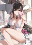  2021 bangs black_hair breasts cellphone cleavage closed_mouth curtains dress facing_viewer flower highres holding holding_phone indie_virtual_youtuber instrument long_hair looking_at_viewer otsufuji_nene panties phone piano red_eyes selfie sitting smartphone smile suzuame_yatsumi underwear veil virtual_youtuber wedding_dress white_panties 