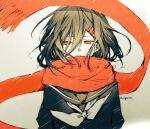  1girl additional_memory_(vocaloid) black_hair black_serafuku empty_eyes hair_ornament hairclip kagerou_project maguro_(user_wkzy3374) mekakucity_actors neckerchief red_eyes red_scarf scarf school_uniform serafuku simple_background sketch solo tateyama_ayano white_neckerchief 