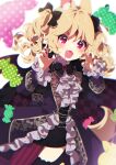  1girl :d aldin_nicola animal_ear_fluff animal_ears bangs black_bow black_coat black_shirt black_shorts black_thighhighs blonde_hair blood blood_from_mouth blurry blurry_foreground bow brooch candy_wrapper claw_pose coat commentary_request depth_of_field fangs forehead_jewel frilled_coat hair_between_eyes hair_bow hands_up highres jewelry long_hair long_sleeves looking_at_viewer mamyouda nail_polish pantyhose purple_eyes red_nails seventh_happiness shirt short_eyebrows short_shorts shorts simple_background single_leg_pantyhose single_thighhigh sleeves_past_wrists smile solo striped striped_pantyhose thick_eyebrows thighhighs two_side_up vertical-striped_pantyhose vertical_stripes virtual_youtuber white_background 
