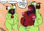  abstract_background anthro belly body_hair breasts demon dynamitegrizzly_(artist) female flashing gir_(invader_zim) halloween halloween_costume happy_trail hi_res holidays horn humor invader_zim nickelodeon pun slightly_chubby solo unzipping versailles 